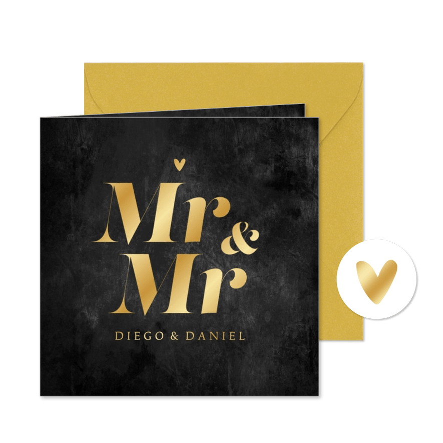 Mr and mr gay trouwkaart goud hartje krijtbord  - Kaartimpressie