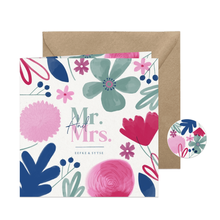 MR & MRS vrolijke trouwkaart zomerse bloemen pas getrouwd - Kaartimpressie