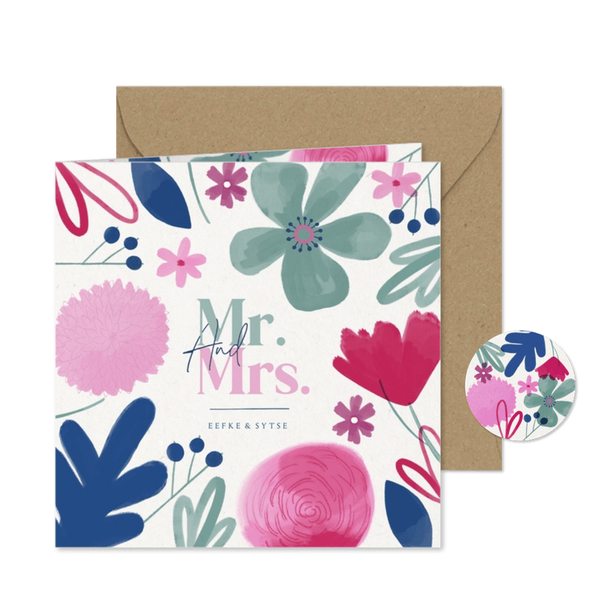 MR & MRS vrolijke trouwkaart zomerse bloemen pas getrouwd - Kaartimpressie