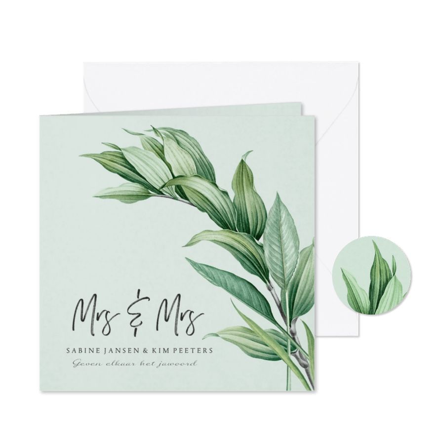 Mrs and Mrs trouwkaart botanisch groen bladeren stijlvol - Kaartimpressie