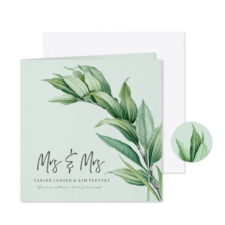 Mrs and Mrs trouwkaart botanisch groen bladeren stijlvol - Kaartimpressie