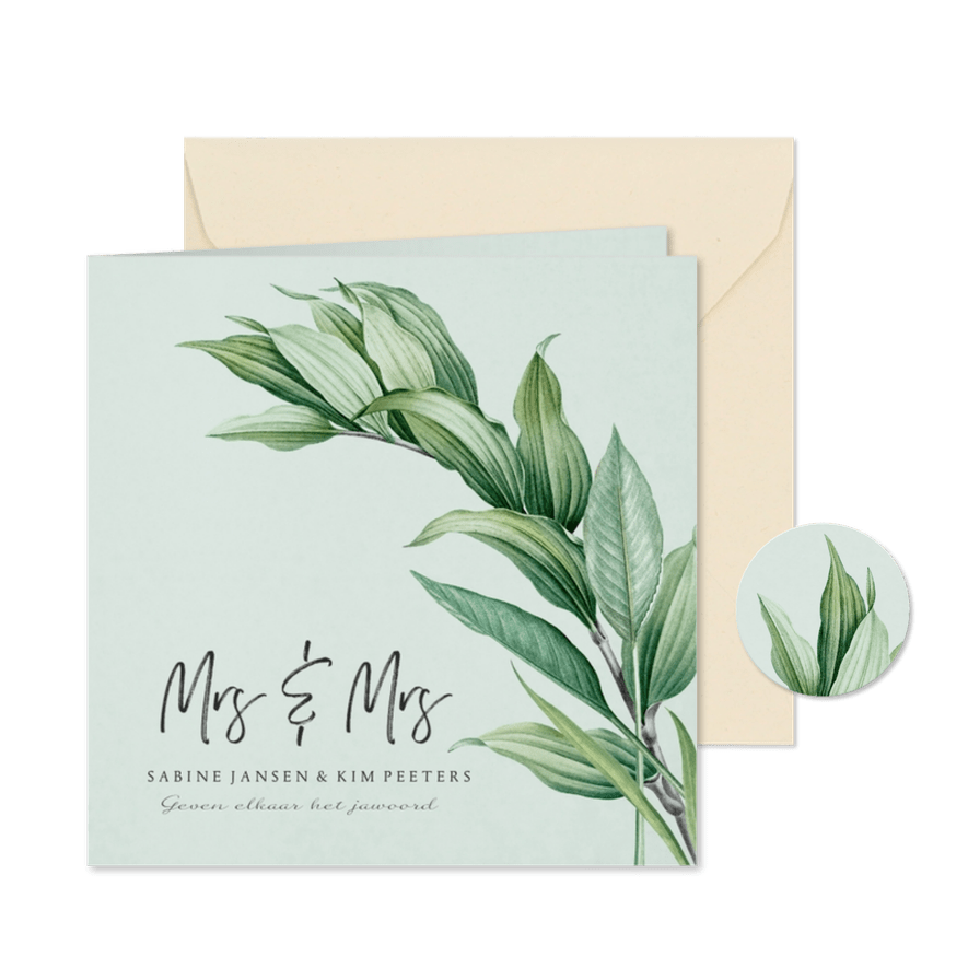 Mrs and Mrs trouwkaart botanisch groen bladeren stijlvol - Kaartimpressie