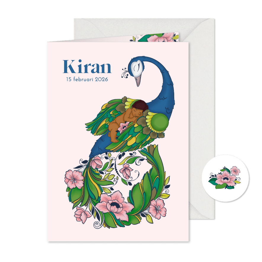 Multicultureel geboortekaartje met pauw en donker kindje - Kaartimpressie