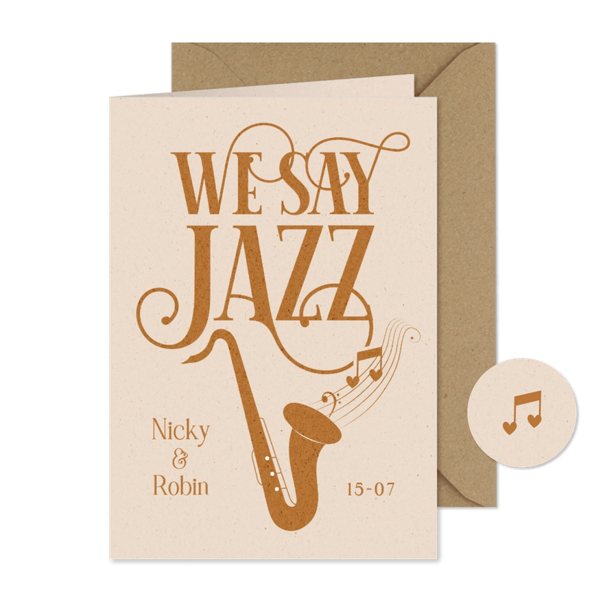 Muziek trouwkaart saxofoon en jazzy vintage typografie - Kaartimpressie