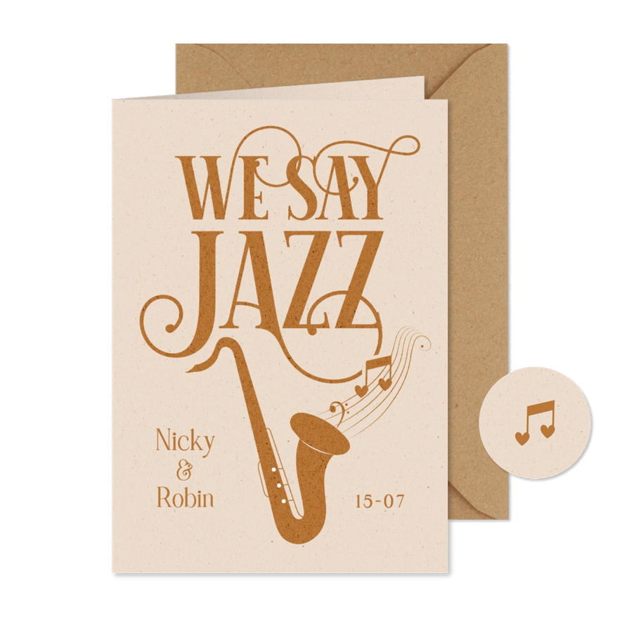 Muziek trouwkaart saxofoon en jazzy vintage typografie  - Kaartimpressie