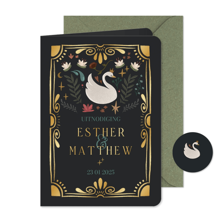 Mysterieuze sprookjes trouwkaart zwanen, lelies en kader - Kaartimpressie
