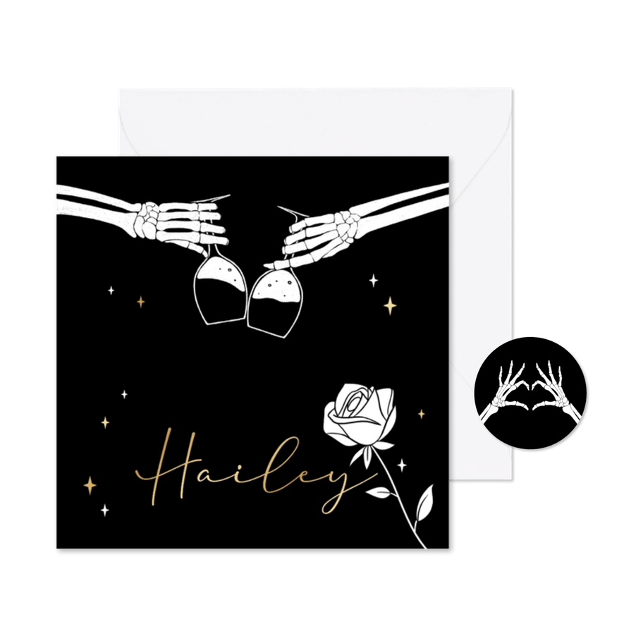 Naamkaartje alternatief skeletten romantisch zwart goud goth - Kaartimpressie