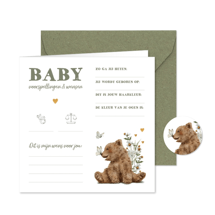 Natuurlijk babyshower invulkaartje met beertje en vlinders - Kaartimpressie