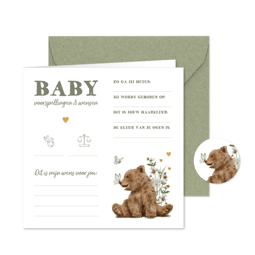 Natuurlijk babyshower invulkaartje met beertje en vlinders - Kaartimpressie