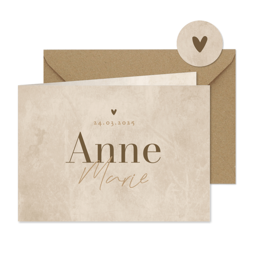 Natuurlijk geboortekaartje jongen meisje zandkleur hartje - Kaartimpressie