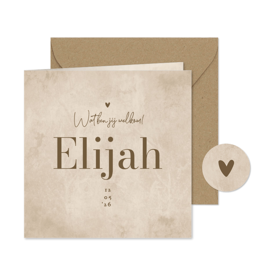 Natuurlijk geboortekaartje unisex zandkleur hartje - Kaartimpressie