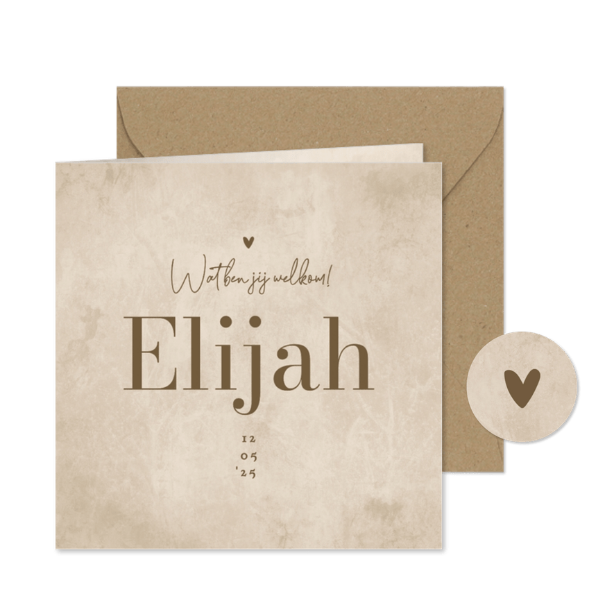 Natuurlijk geboortekaartje unisex zandkleur hartje - Kaartimpressie