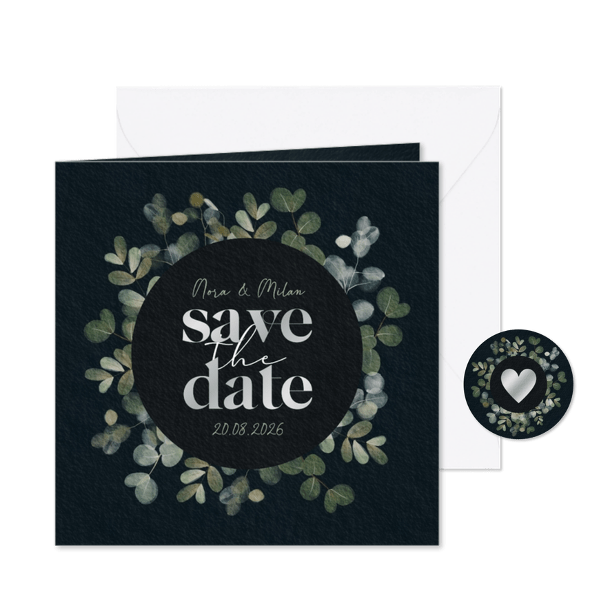 Natuurlijk Save the Date kaart eucalyptus takjes zilverfolie - Kaartimpressie