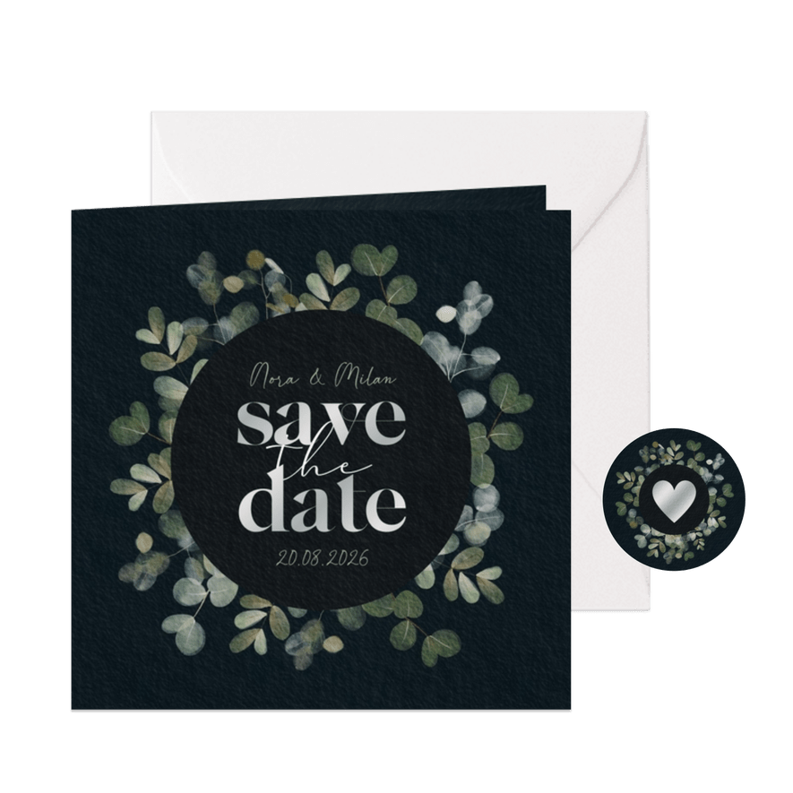 Natuurlijk Save the Date kaart eucalyptus takjes zilverfolie - Kaartimpressie