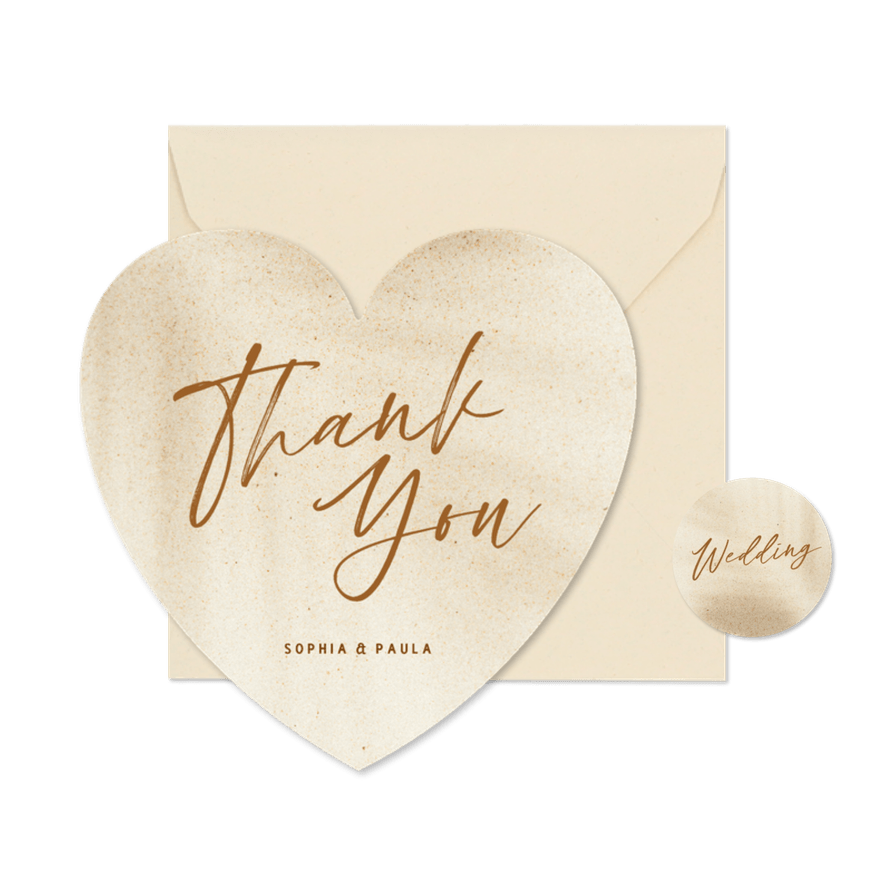 Natuurlijke bedankkaart huwelijk in zandkleur vorm hartje - Kaartimpressie
