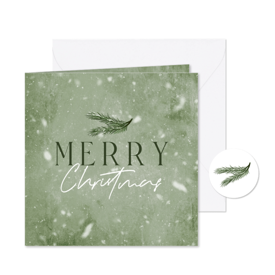 Natuurlijke kerstkaart groen dennentakje sneeuw - Kaartimpressie
