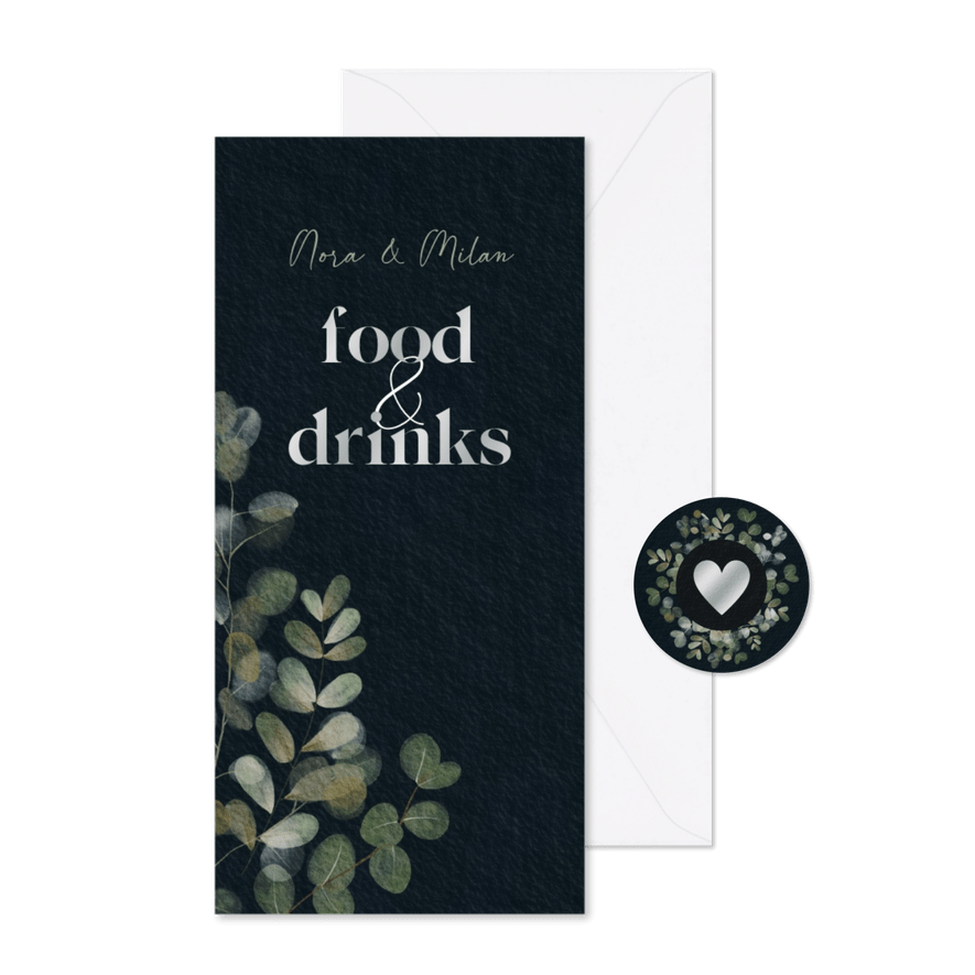 Natuurlijke menukaart eucalyptus waterverf en foliedruk - Kaartimpressie