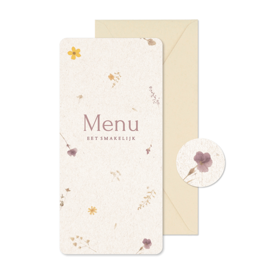 Natuurlijke menukaart met geperste bloemetjes beige - Kaartimpressie
