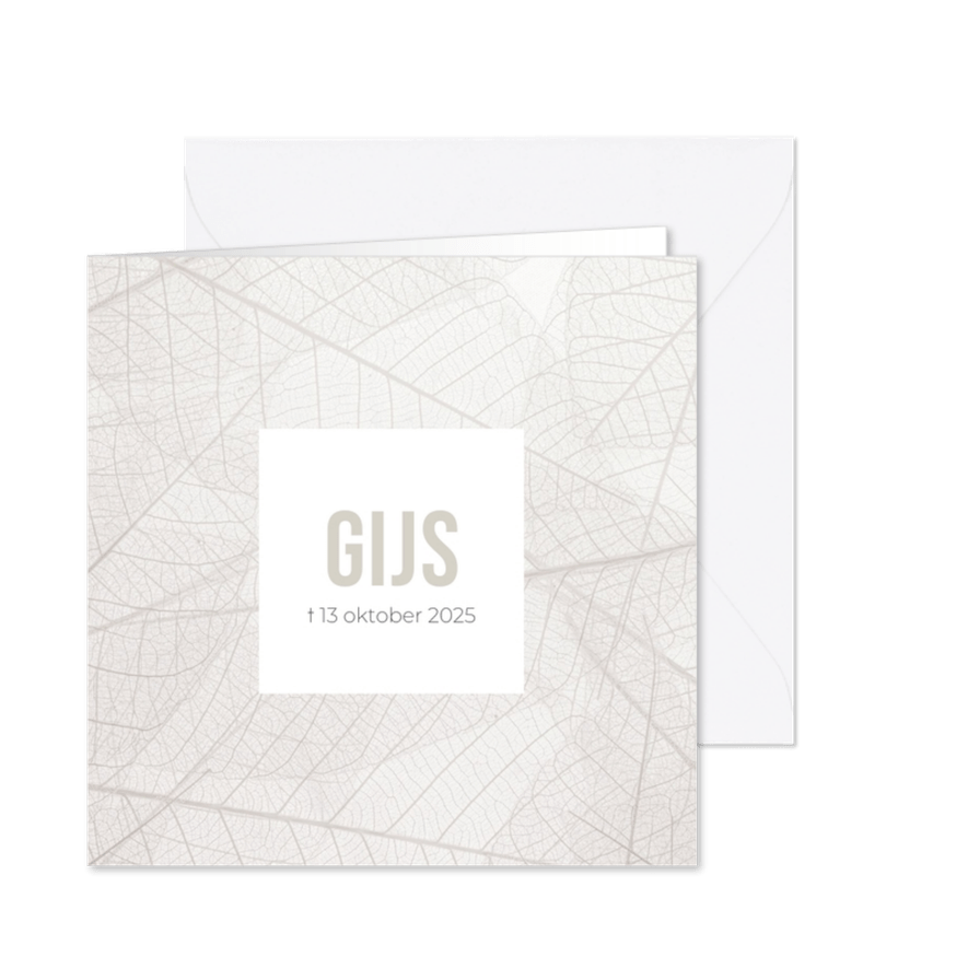 Natuurlijke rouwkaart bladnerven kader wit - Kaartimpressie