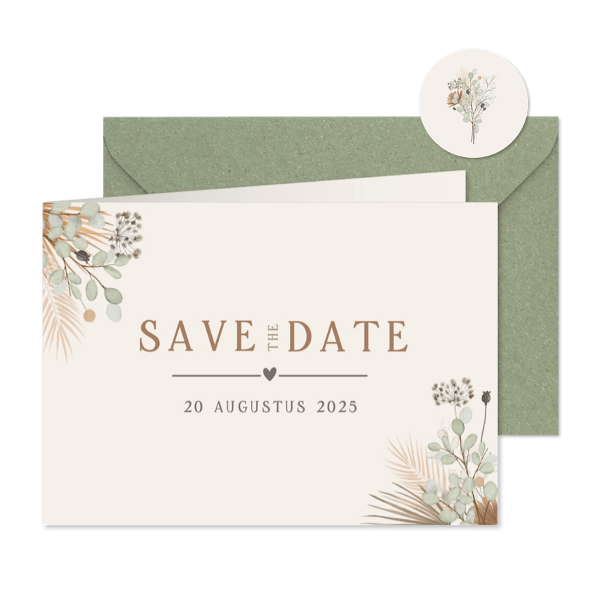 Natuurlijke Save the Date kaart met droogbloemen - Kaartimpressie