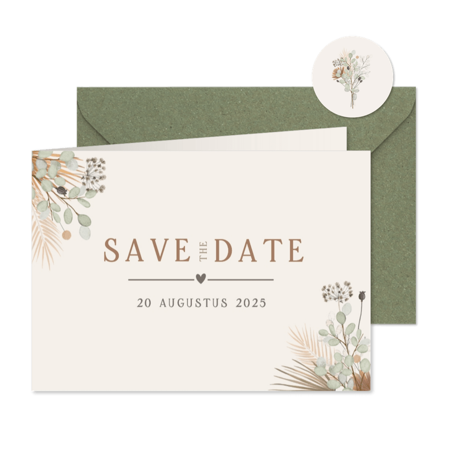 Natuurlijke Save the Date kaart met droogbloemen - Kaartimpressie