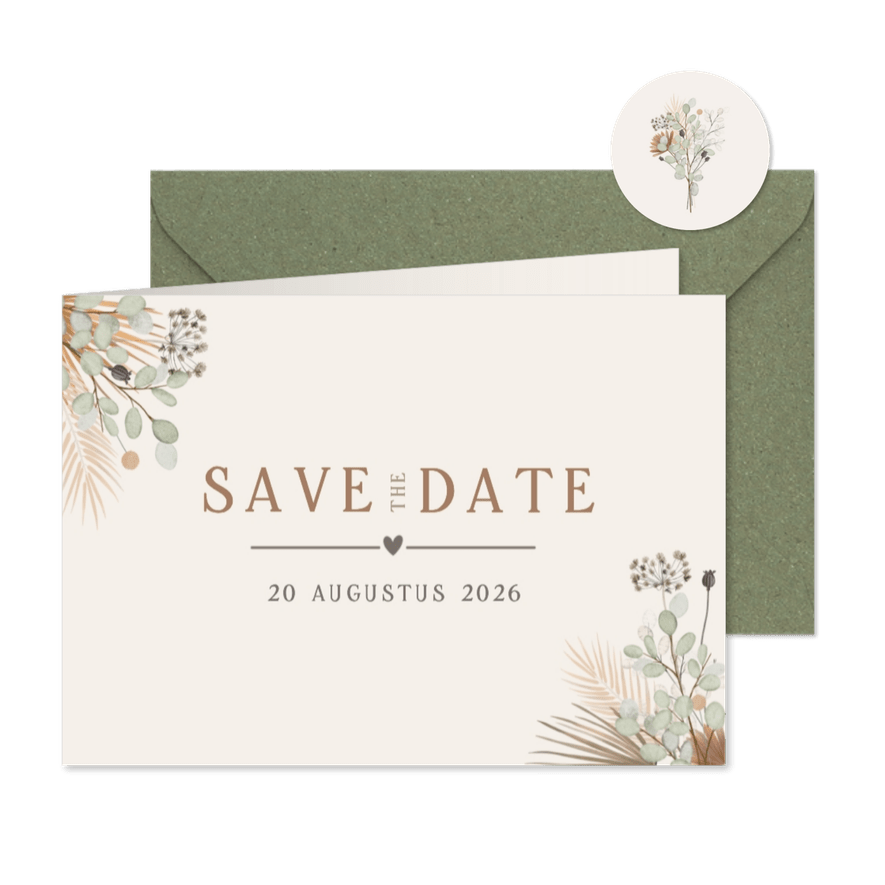 Natuurlijke Save the Date kaart met droogbloemen - Kaartimpressie