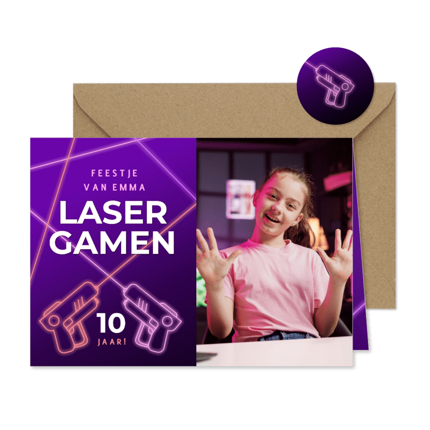 Neon fotokaart uitnodiging kinderfeestje meisje laser gamen - Kaartimpressie
