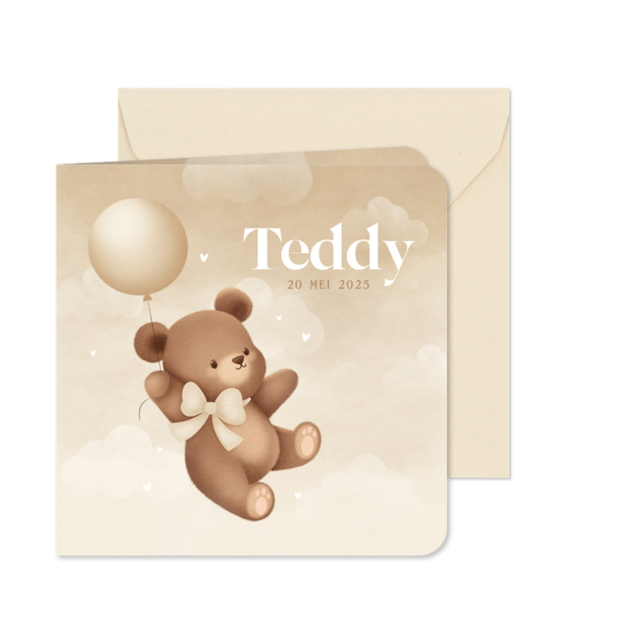 Neutraal geboortekaartje lief beertje aan ballon met strik - Kaartimpressie