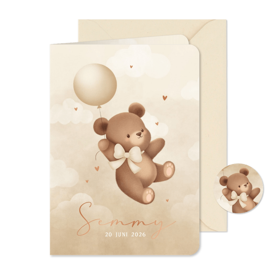 Neutraal geboortekaartje teddybeertje aan ballon met strik - Kaartimpressie