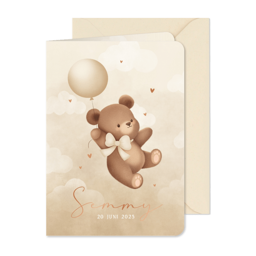 Neutraal geboortekaartje teddybeertje aan ballon met strik - Kaartimpressie