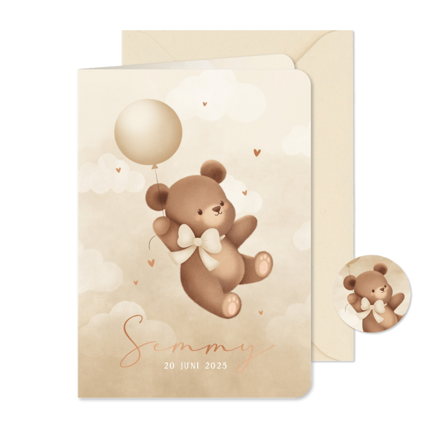 Neutraal geboortekaartje teddybeertje aan ballon met strik - Kaartimpressie