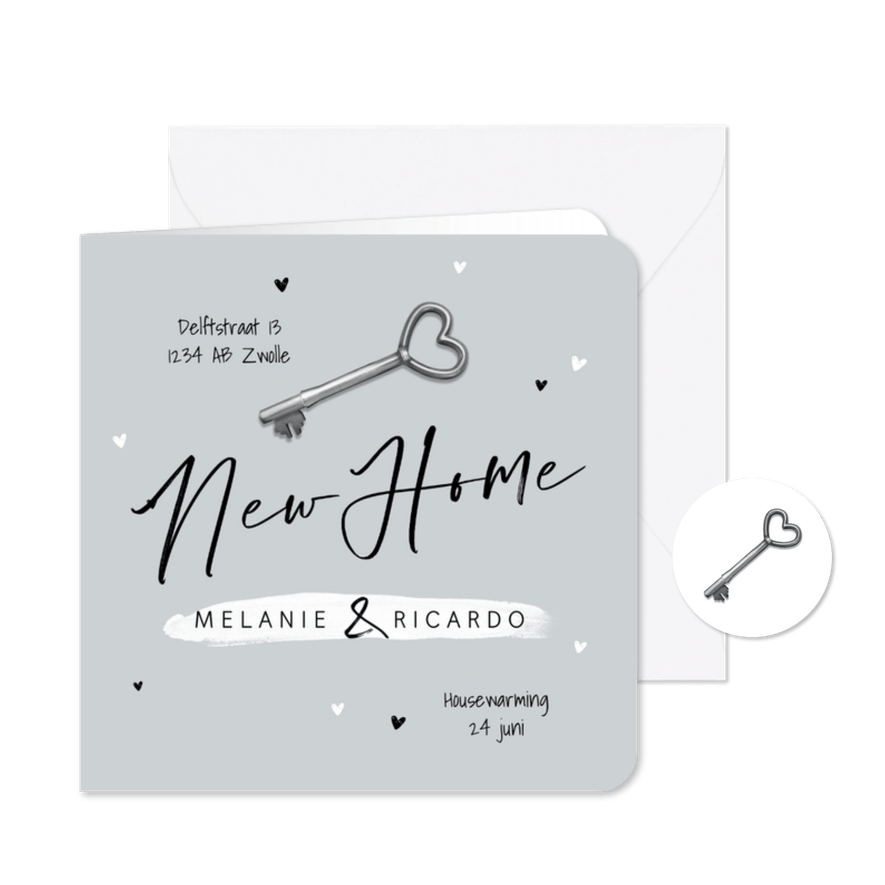 New home verhuiskaart samenwonen foto sleutel hartjes - Kaartimpressie
