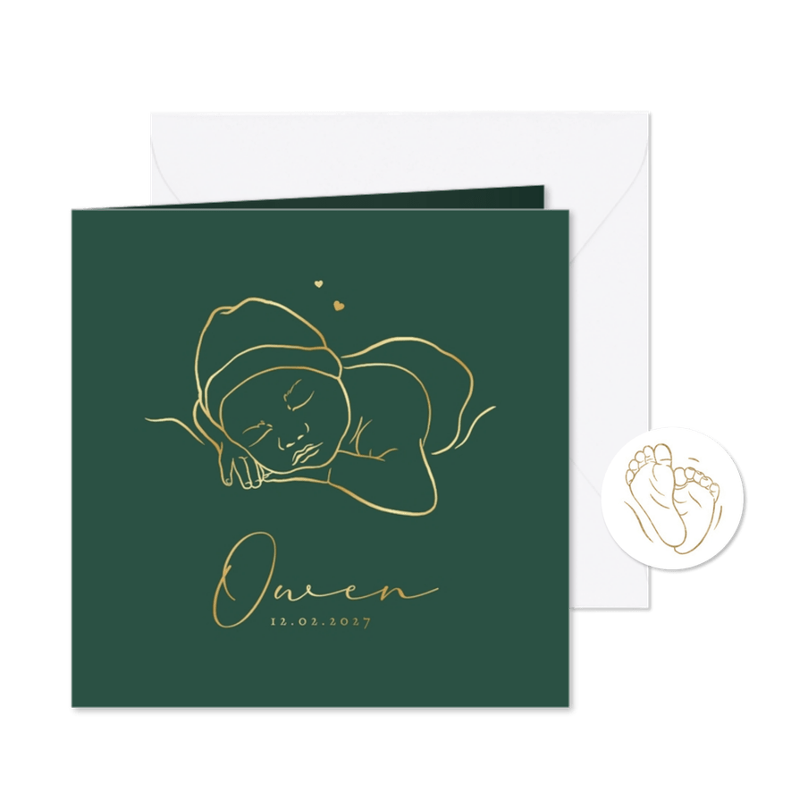 Newborn baby geboortekaartje jongen lijntekening goud - Kaartimpressie