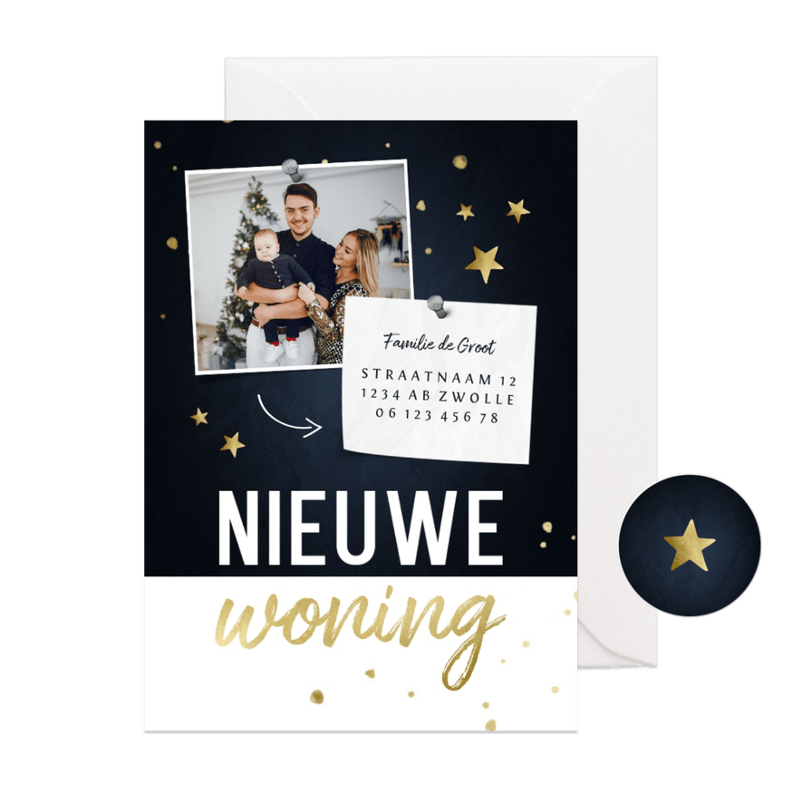 Nieuwe woning kerstkaart met foto en sterren - Kaartimpressie