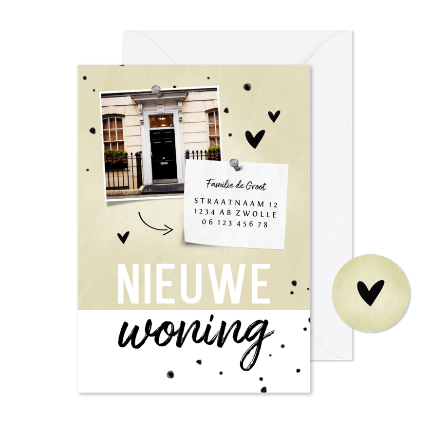 Nieuwe woning papierlook met foto en hartjes - Kaartimpressie