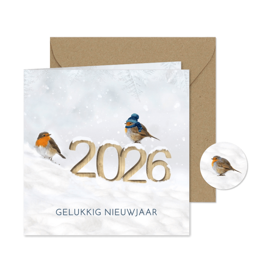 Nieuwjaar cijfers van hout in de sneeuw met roodborstjes - Kaartimpressie