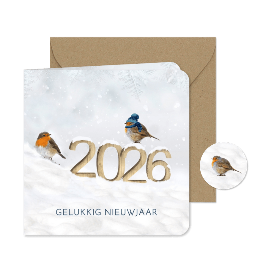 Nieuwjaar cijfers van hout in de sneeuw met roodborstjes - Kaartimpressie