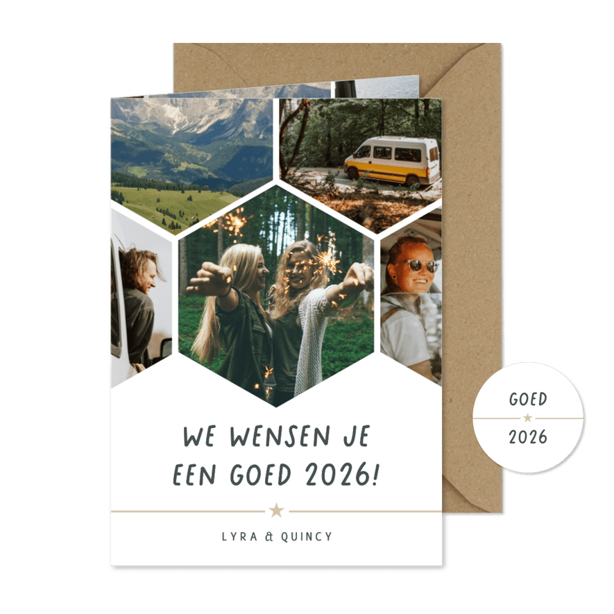 Nieuwjaar fotocollage hexagon kaart met 5 foto's - Kaartimpressie