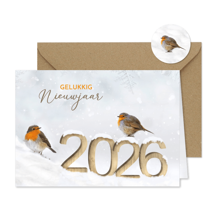 Nieuwjaar houten cijfers in de sneeuw met roodborstjes - Kaartimpressie