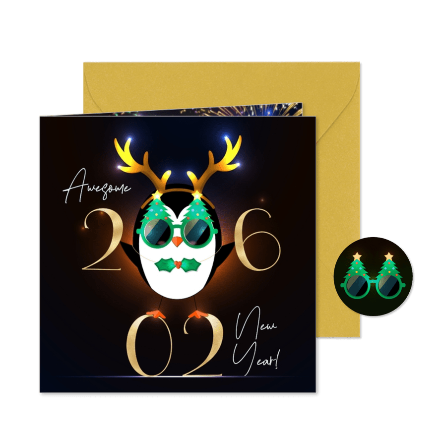 Nieuwjaar humor partypinguïn foute outfit goudlook jaartal - Kaartimpressie