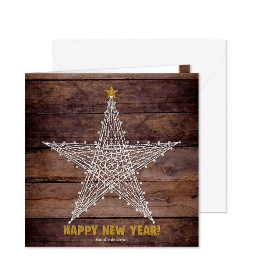Nieuwjaar stoere moderne kaart houtprint en ster van touw - Kaartimpressie