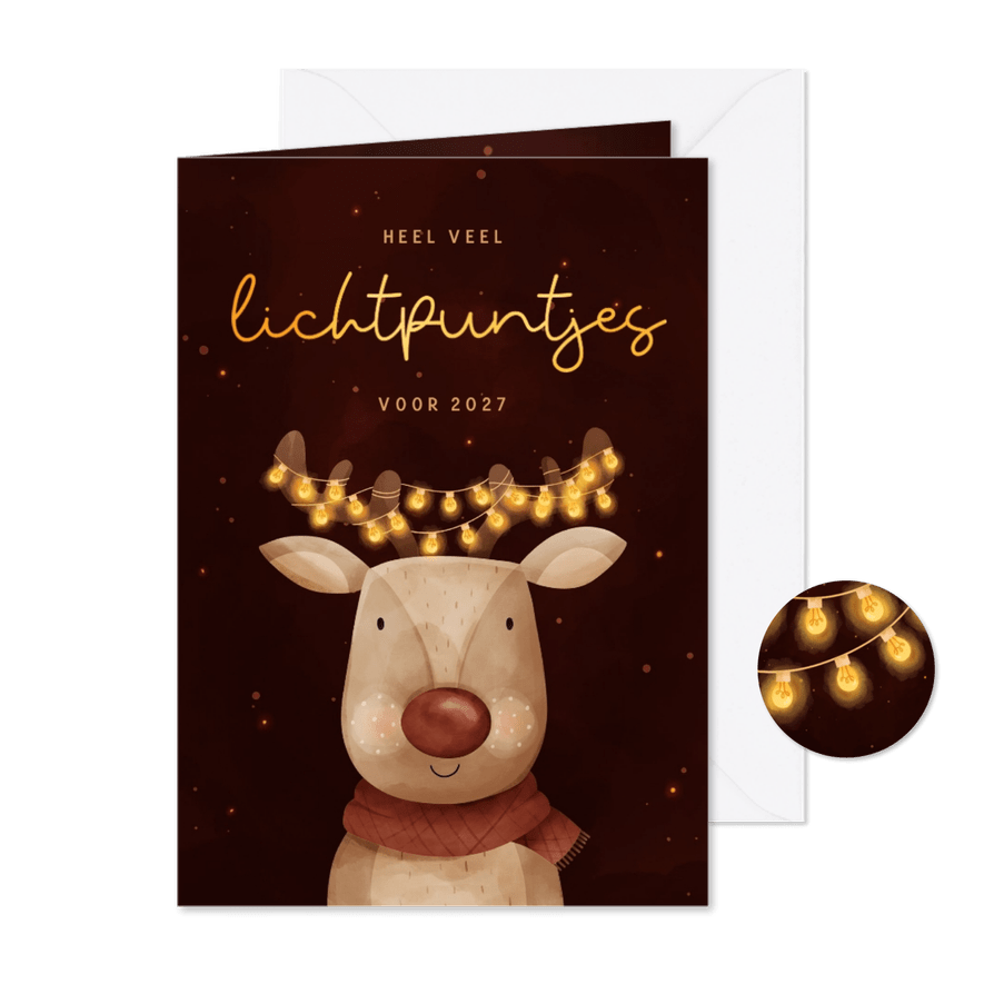 Nieuwjaarksaart hert met kerstlampjes lichtpuntjes voor jou - Kaartimpressie