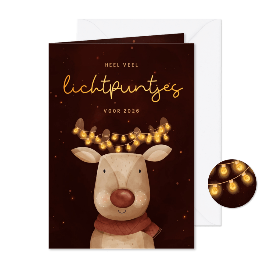 Nieuwjaarksaart hert met kerstlampjes lichtpuntjes voor jou - Kaartimpressie
