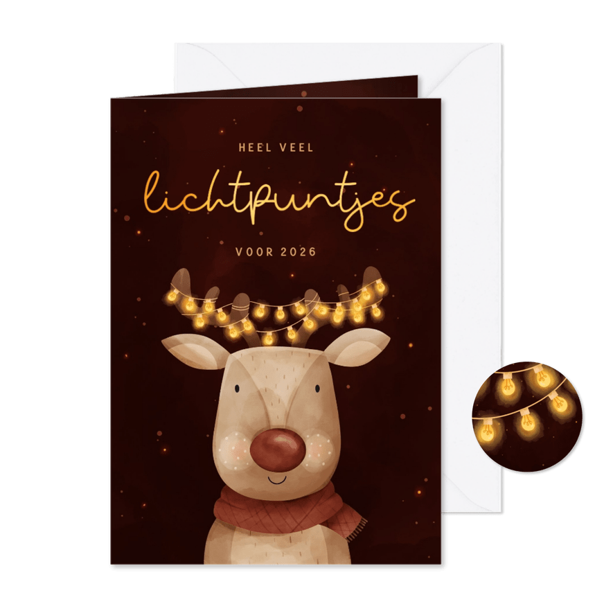 Nieuwjaarksaart hert met kerstlampjes lichtpuntjes voor jou - Kaartimpressie