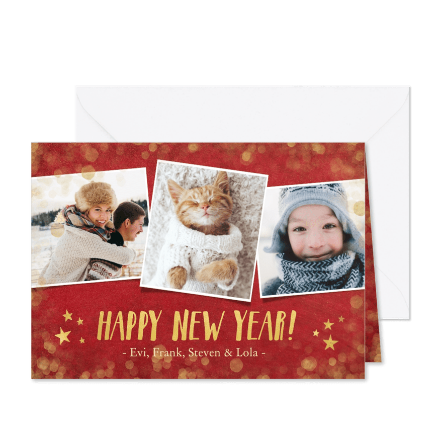 Nieuwjaars fotocollage kaart met rood en goud - Kaartimpressie