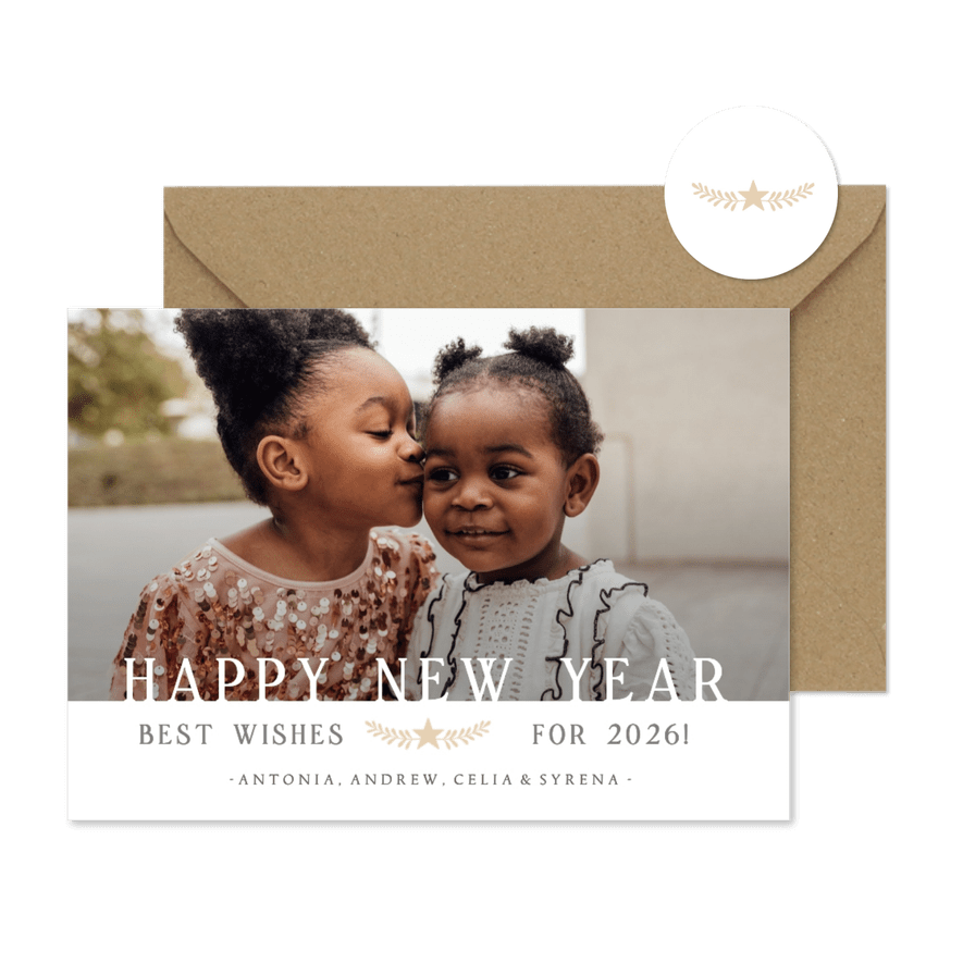 Nieuwjaars fotokaart klassiek met grote letters en foto - Kaartimpressie