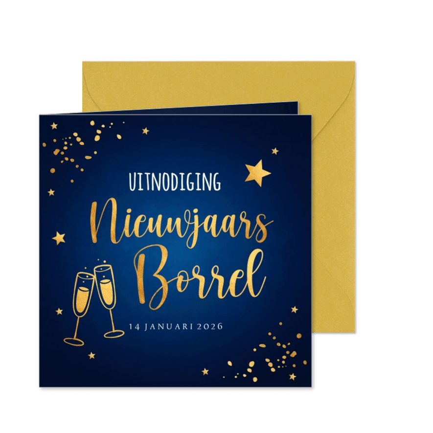 Nieuwjaarsborrel blauw uitnodiging confetti goudlook  - Kaartimpressie