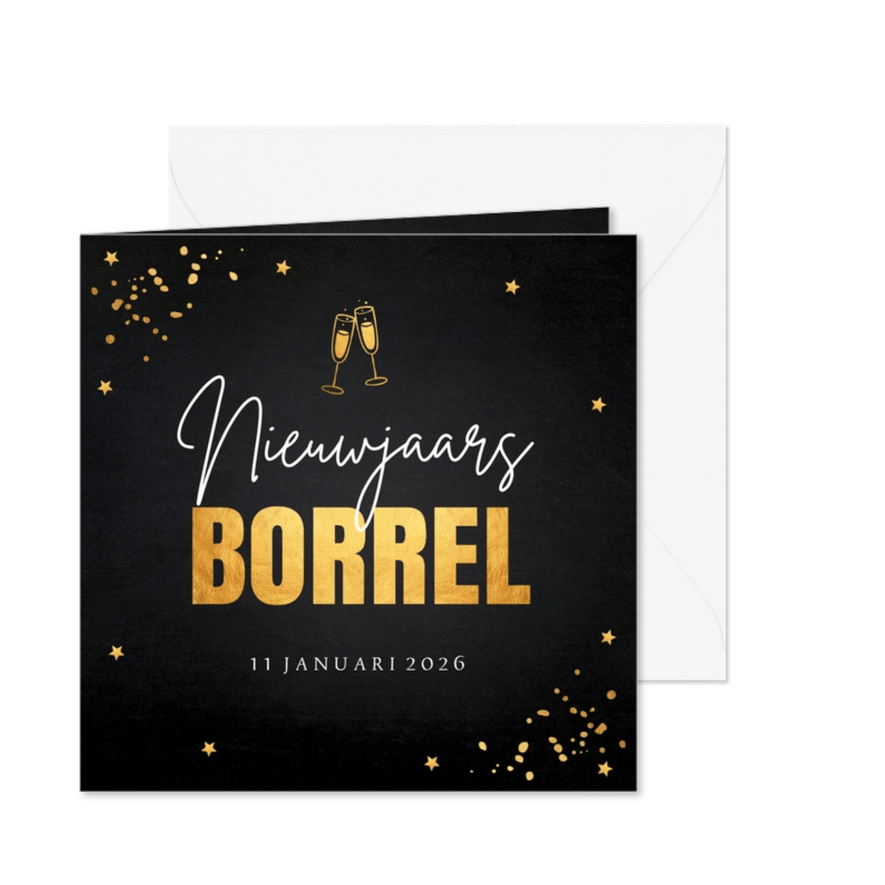 Nieuwjaarsborrel confetti typografie goudlook - Kaartimpressie