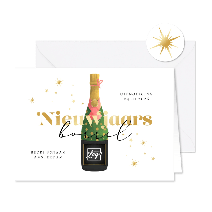 Nieuwjaarsborrel uitnodiging champagne sterren goud oliebol - Kaartimpressie