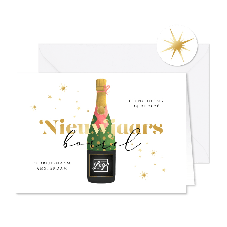 Nieuwjaarsborrel uitnodiging champagne sterren goud oliebol - Kaartimpressie